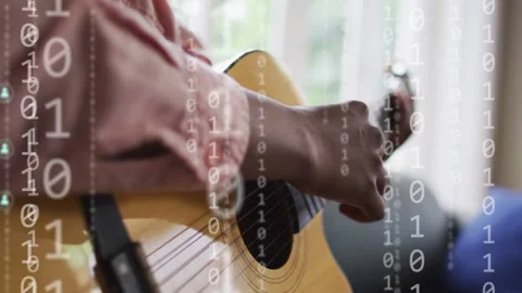 Binary code appearing woman playing guitar camera zooming out overlays growing Stock Footage 332804745