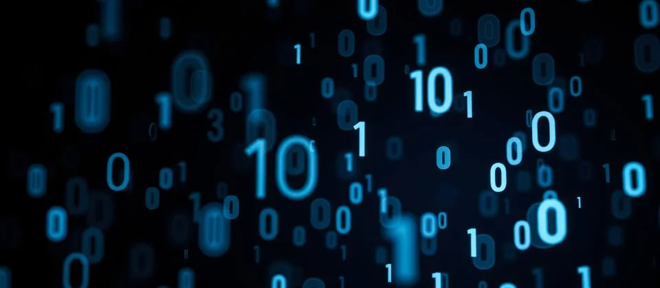 Binary code background with blue ones and zeros floating in dark space, per.. 스톡 사진