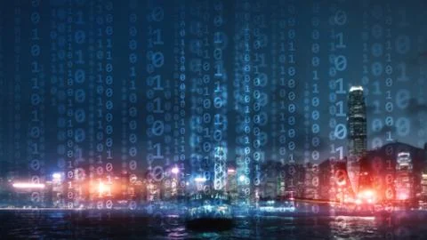 Binary code on the background of the night city. Stockfoto's