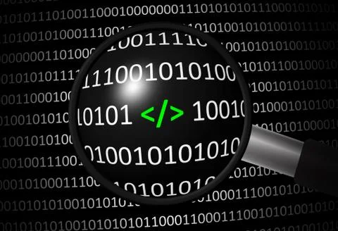 Binary code with backslash and magnifying lens on black background Stock Illustration