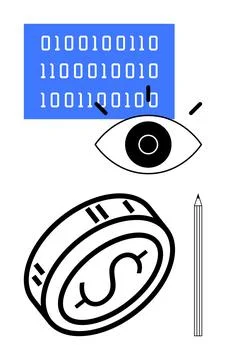 Binary code being observed by an eye, a dollar coin, and a pencil. Ideal for  イラスト素材