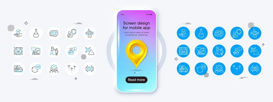 Binary code, Bitcoin project and Team work line icons. For web app, printing Stock Illustration