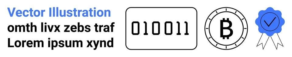 Binary code, Bitcoin symbol, blue certification ribbon, and placeholder text  Stock Illustration