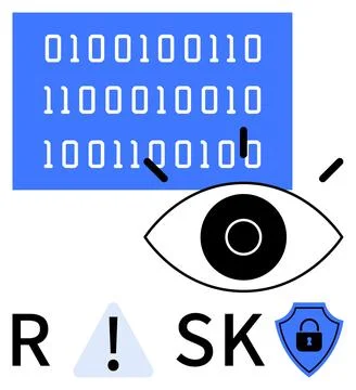 Binary code block above an eye with scanning lines, alert triangle, and RISK  Stock Illustration