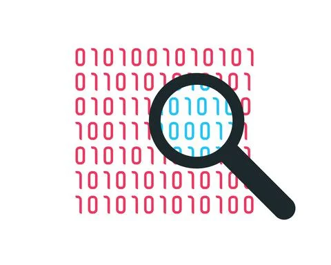 Binary code. Bright icon . Binary icon with magnifier . Isolated on white bac Stock Illustration