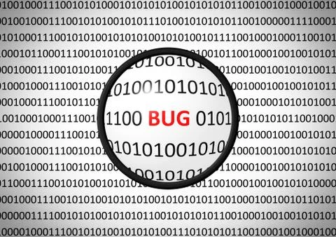 Binary code with BUG and magnifying lens on white background Stock Illustration