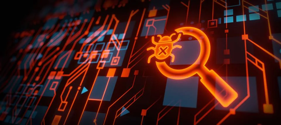 Binary code with BUG and magnifying lens glowing circuit board background web Illustrazione stock