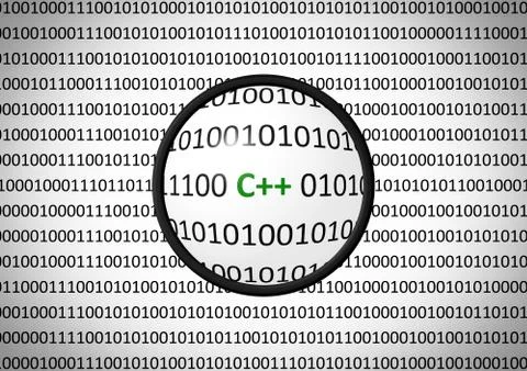 Binary code with C++ and magnifying lens on white background Stock Illustration