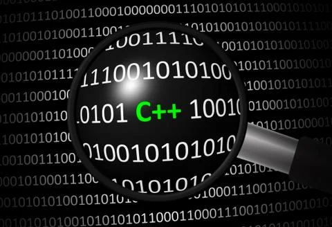 Binary code with C++ and magnifying lens on black background Stock Illustration