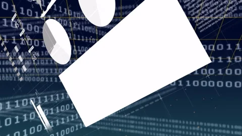 Binary code cascading over blue grid causing bars hexagons pies, panel shifting Stock Footage 311679380