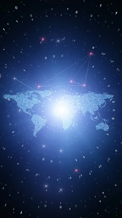 Binary code circular rotation with world map cyberspace loop animation Видео 345683489