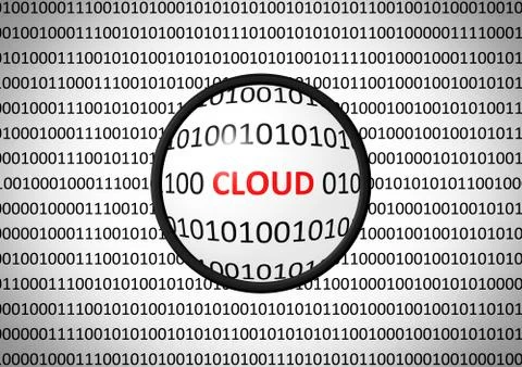 Binary code with CLOUD and magnifying lens on white background Stock Illustration
