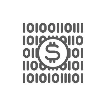 Binary code with coin, cryptocurrency, bitcoin line icon. Stock Illustration