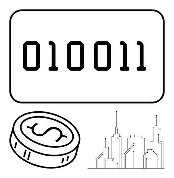 Binary code, coin with dollar symbol, and city skyline representing digital.. Stock Illustration