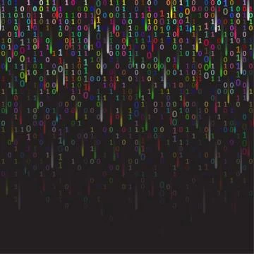 Binary code colored and dark background with fireworks, digits on screen Stock Illustration