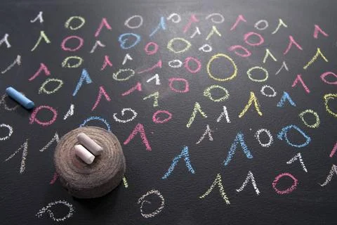 Binary code colorful Graphic representation with chalk on blackboard color... 库存照片