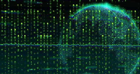 Binary code columns streaming down dark background, data points moving across Stock Footage 309104803
