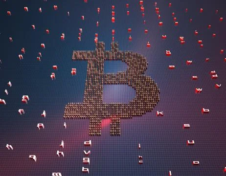 Binary code composed of bitcoin, network financial technology 库存插图