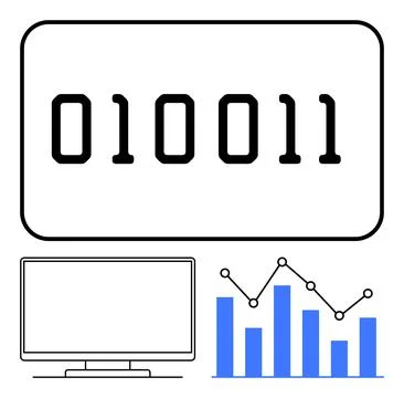 Binary Code, Computer Monitor, and Rising Bar Graph with Trend Line Represe.. Stock Illustration