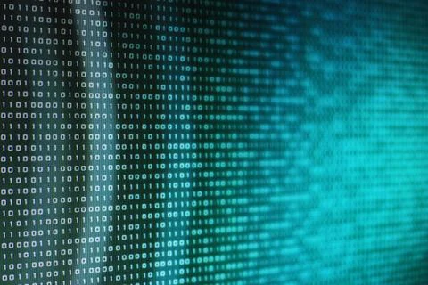 Binary code computer theme background. selective focus image of led display s Foto stock