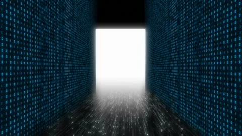 Binary code corridor doorway glowing blue number walls, bright white exit, data Stock Footage 340566783