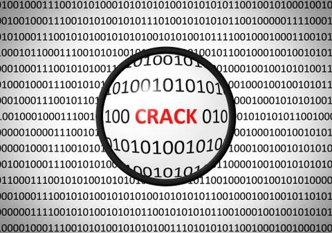 Binary code with CRACK and magnifying lens on white background Stock Illustration