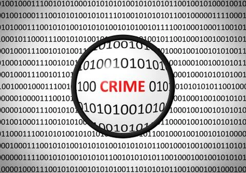 Binary code with CRIME and magnifying lens on white background 스톡 일러스트