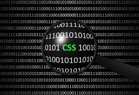 Binary code with CSS and magnifying lens on black background - programming co Stock Illustration