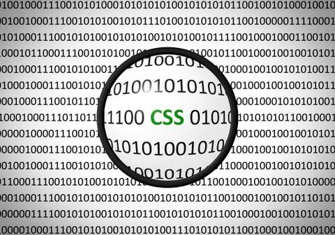 Binary code with CSS and magnifying lens on white background Stock Illustration