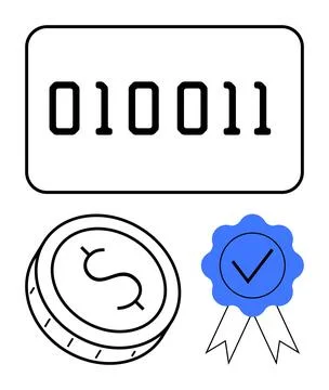 Binary Code with Currency Coin and Blue Badge with Checkmark Symbolizing Di.. 库存插图