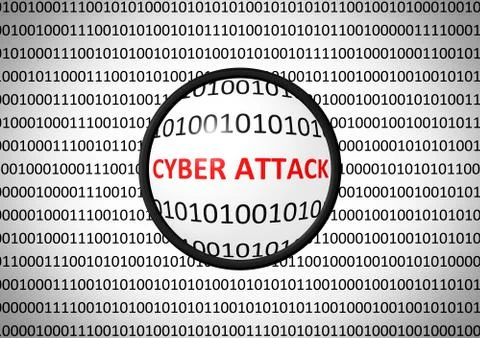 Binary code with CYBER ATTACK and magnifying lens on white background イラスト素材