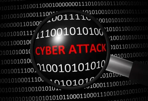 Binary code with cyber attack and magnifying lens on black background イラスト素材