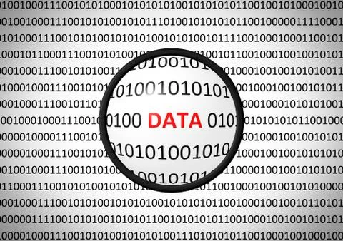 Binary code with DATA and magnifying lens on white background Stock Illustration