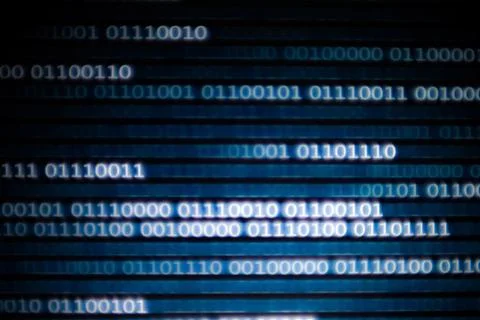 Binary code data bit screen display on laptop computer screen. matrix of data Stock Photos