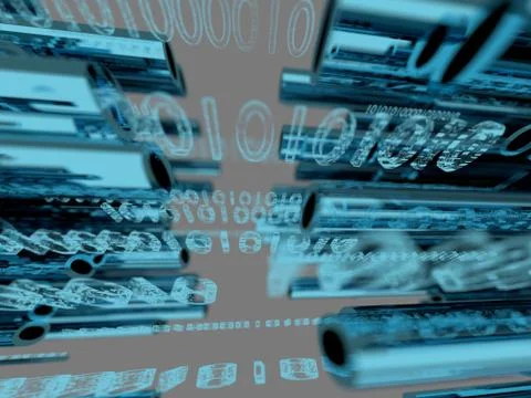 Binary code data flowing through optical wires 3d render Stock Illustration