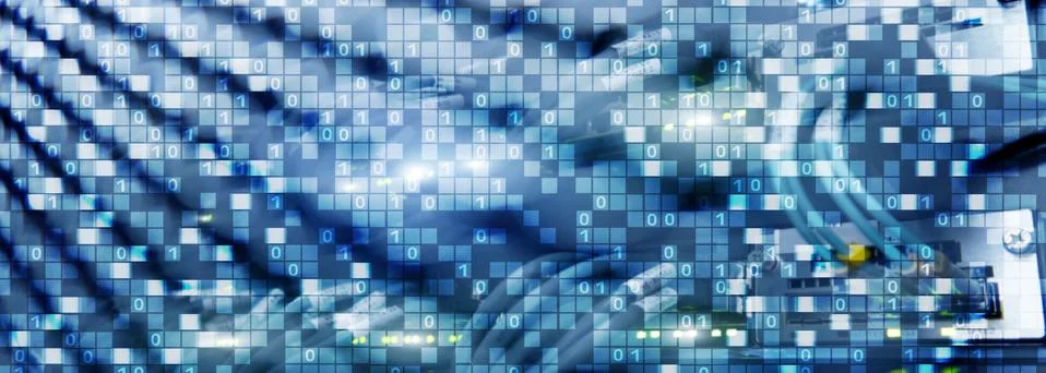 Binary code on datacenter background. Cyber space concept. UniqueTechnology Stock Illustration