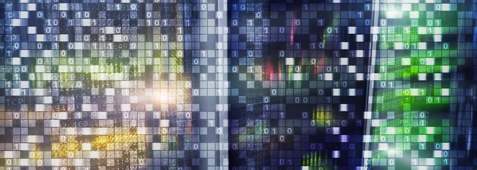 Binary code on datacenter background. Cyber space concept. UniqueTechnology W Stock Photos