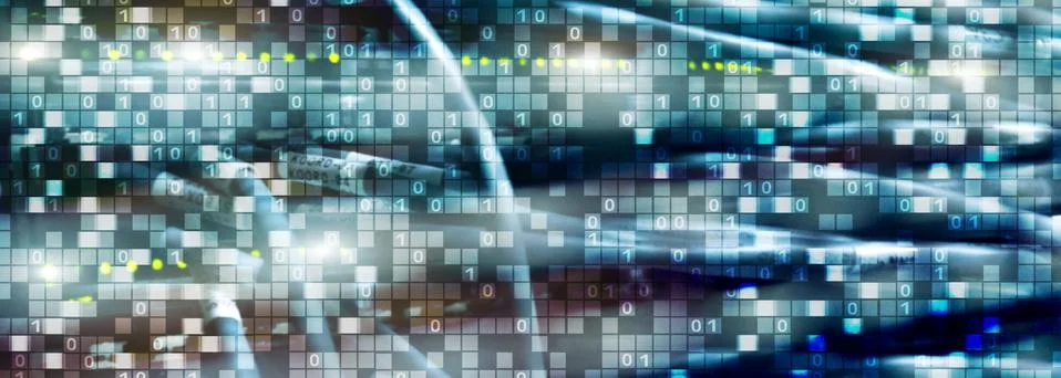 Binary code on datacenter background. Cyber space concept. UniqueTechnology Stock Photos