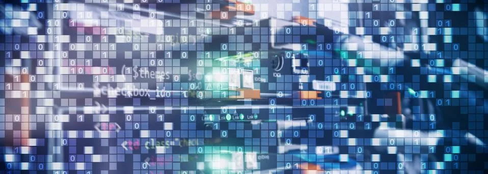 Binary code on datacenter background. Cyber space concept. UniqueTechnology Stock Photos