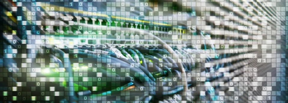 Binary code on datacenter background. Cyber space concept. UniqueTechnology Stock Photos