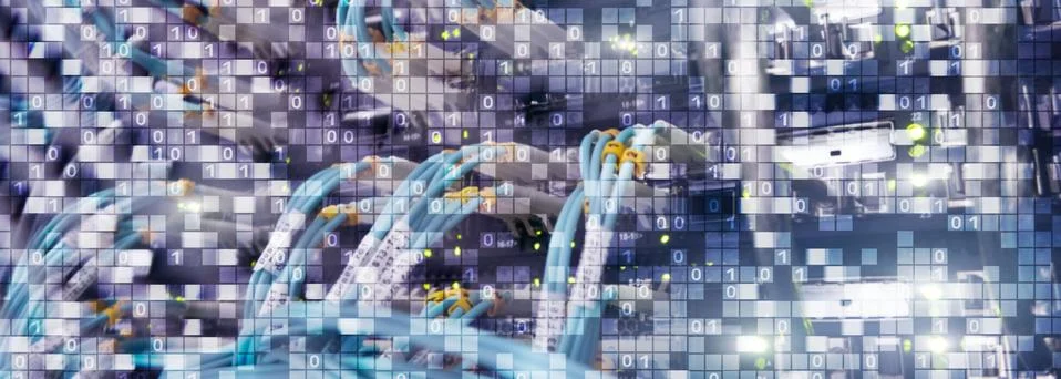 Binary code on datacenter background. Cyber space concept. UniqueTechnology Stock Photos