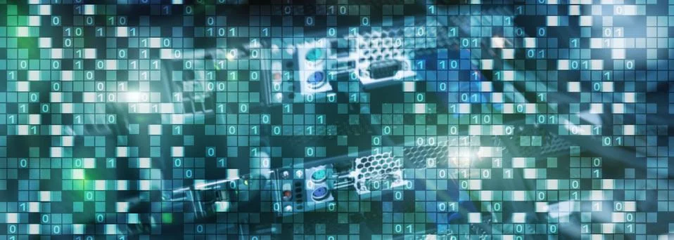 Binary code on datacenter background. Cyber space concept. UniqueTechnology Stock Photos