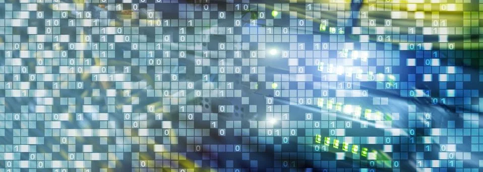 Binary code on datacenter background. Cyber space concept. UniqueTechnology Stock Photos