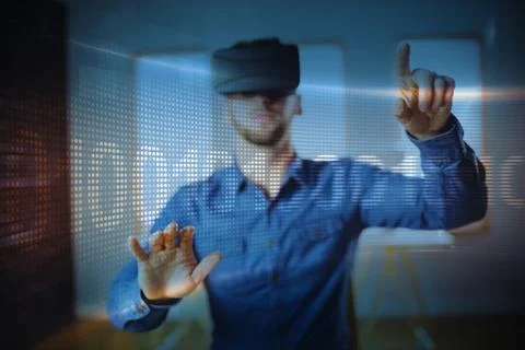 Binary code on digital screen against man wearing virtual glass Stock Photos