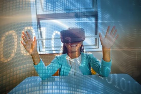 Binary code on digital screen against girl using a virtual reality device Stock Photos