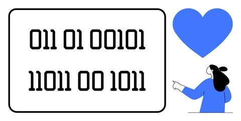 Binary Code Display with Blue Heart and Person Pointing Stock Illustration