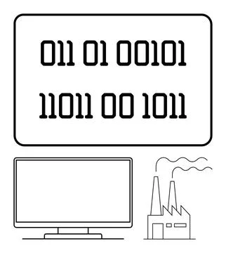 Binary code display with computer monitor and factory outline, representing.. Stock Illustration