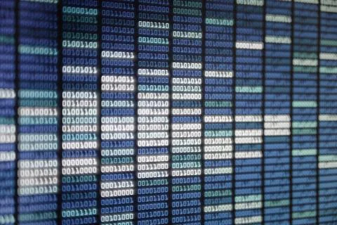 Binary code on display screen. white blue light green colors number one and z Stock Photos