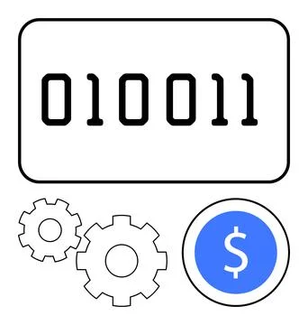 Binary Code Displayed with Gears and Dollar Icon Representing Digital Curre.. Stock Illustration
