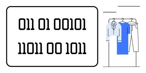 Binary code displayed on a screen with clothing items hanging on a rack, incl Illustrazione stock